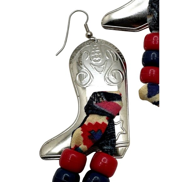 Handcrafted Cowboy Boot Earrings Jewelry Set with Red/White/Blue Beaded Bracelet - Picture 5 of 8